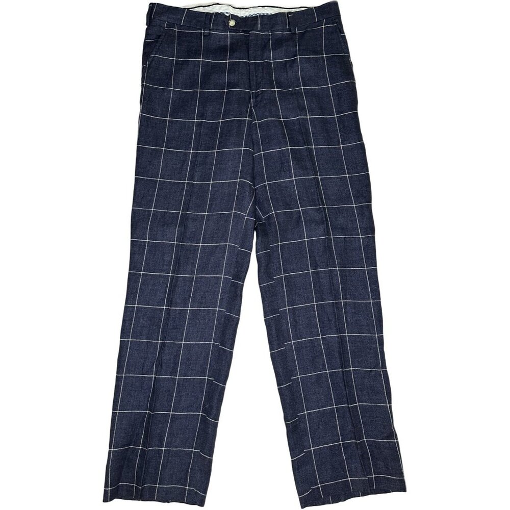 Turtleson Golf Pants Mens 100% Linen Blue Plaid Navy Blue 36x31